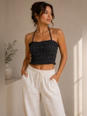 H&M Smocked Terry Halter Top – Sz L NWT